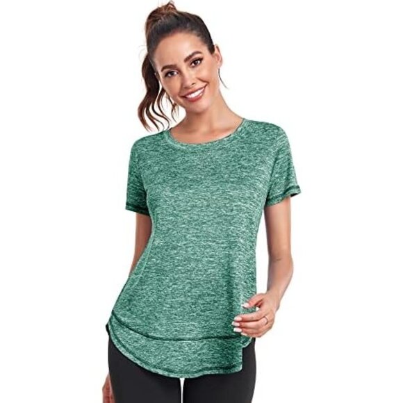🆕Women Green Polyester Workout  Short Sleeve Athletic Gym Running T Shirt - Picture 3 of 7